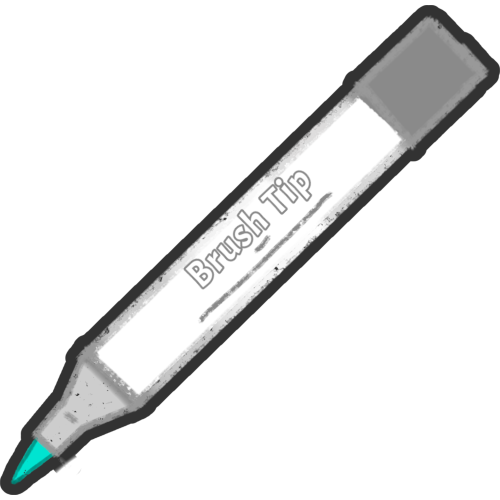 a white marker with a gray cap. The words 'Brush Tip' is written on the side of the marker in grey. The tip of the marker is teal and shaped like a brush.